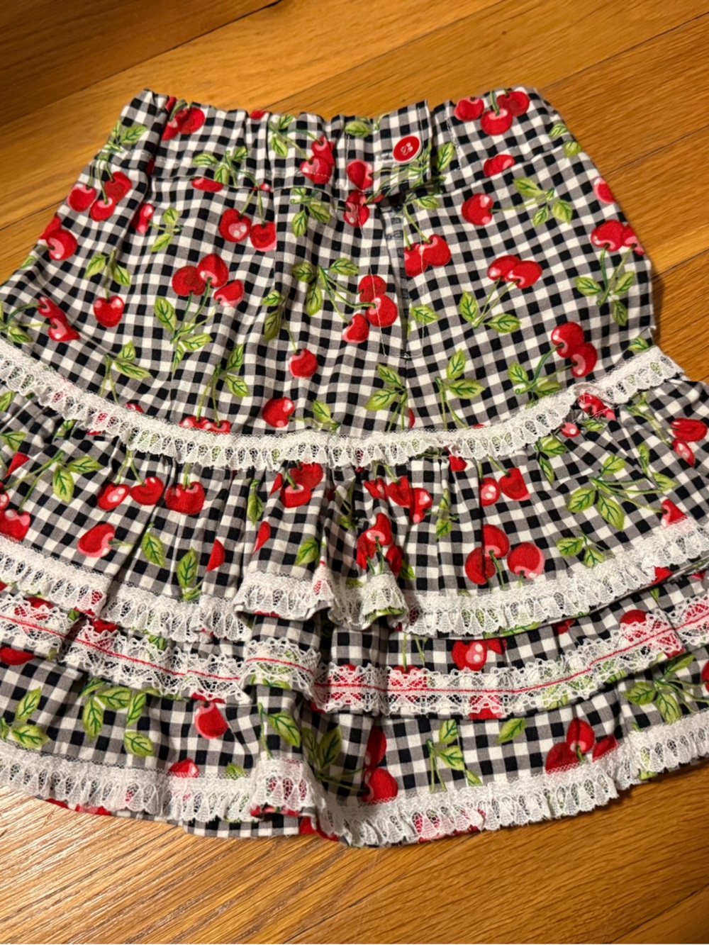 Black Gingham Cherry Tiered Skirt with Lace Trim